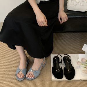 Korean Style Flat Suede Open Toe Sandals for Women 2025 Summer New French Fairy Wind One Strap Roman Sandals