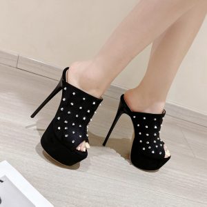 2025 New Black Studded 16cm Platform High Heel Slippers