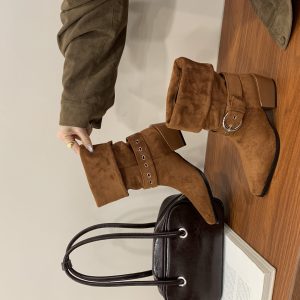 2025 New Retro Square Toe Chunky Heel Simple British Style Fashion Versatile Metal Buckle Martin Boots Women - Style 56ca60