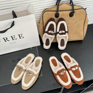 2026 Autumn Winter Women Genuine Leather Slippers with Faux Fur Lining