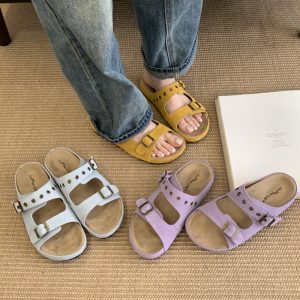Genuine Leather Thick Sole Buckle Strap Open Toe Summer Blue Birkenstock 2025 New Style Elegant Casual Slippers